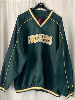 Green Bay Packers NFL Pullover Windbreaker Jacket Men's XL Green V-Neck Side Zip